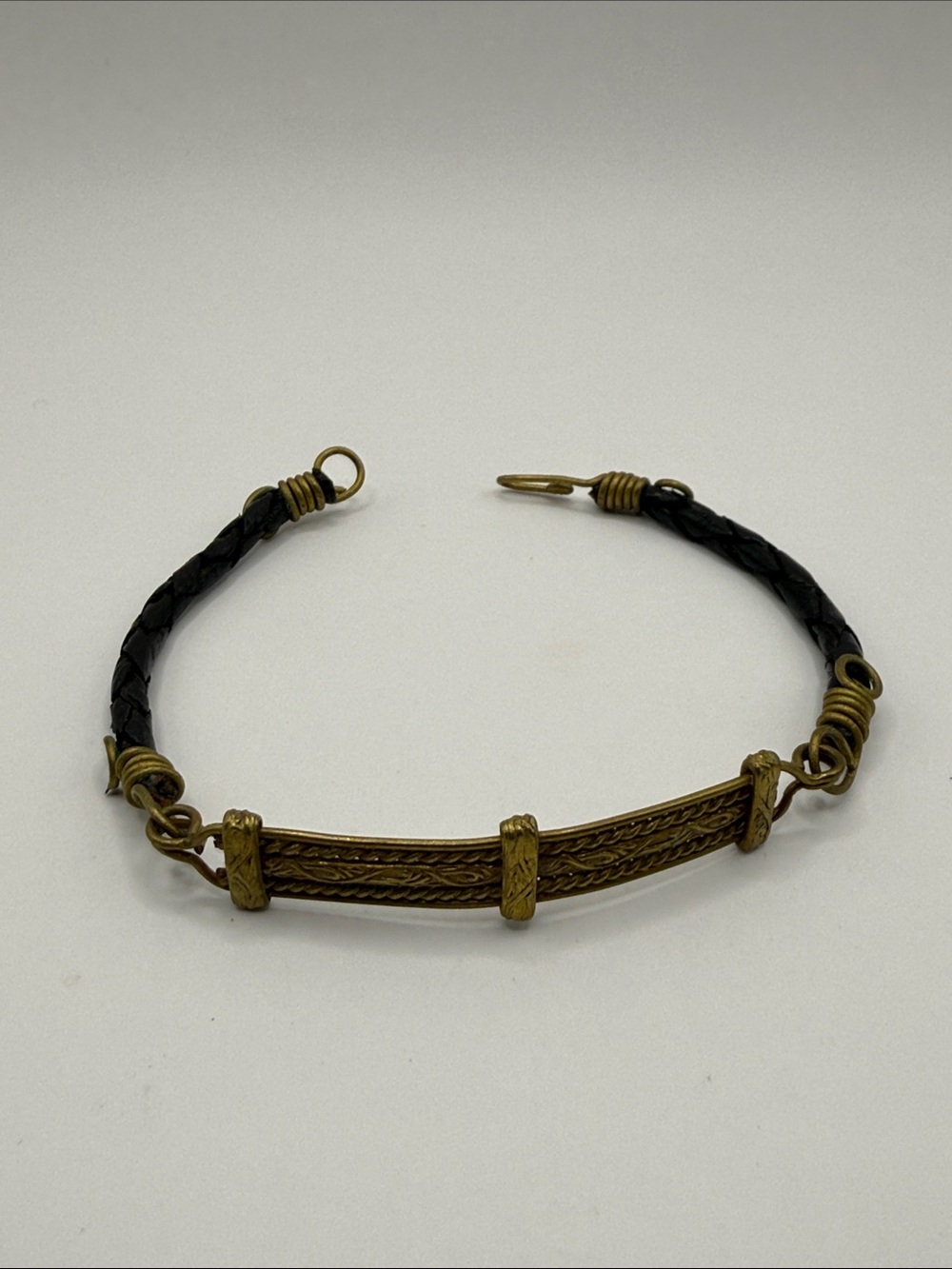Vintage Gold Tone Black Leather Bangle Cuff Statement Bracelet